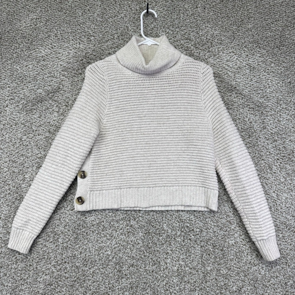 Madewell Side Button Turtleneck Sweater Womens XXS Beige Chunky Waffle Knit Wool